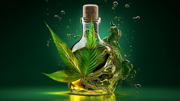 Medical cannabis liquid oil glass bottle outside hemp oil splash hemp leaf