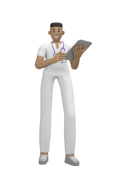 Medical character Young african man doctor in a suit holds a tablet, folder. Cartoon person isolated. 3D rendering.