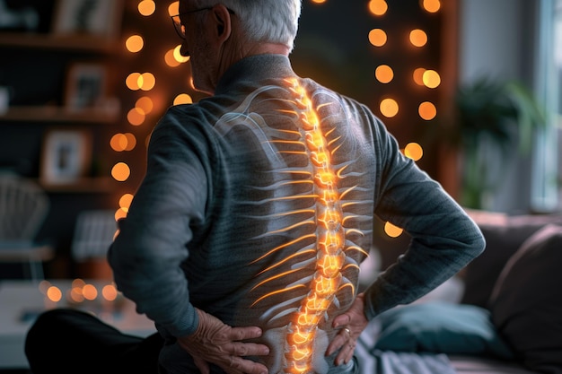 Medical Concept of Elderly Male with Digital Spine Illustration Indicating Back Pain