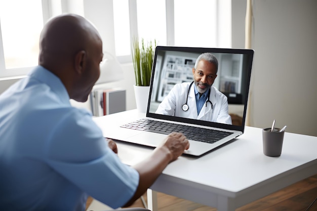 medical consultation online An AfricanAmerican man looks at a laptop screen and talks to a doctor us