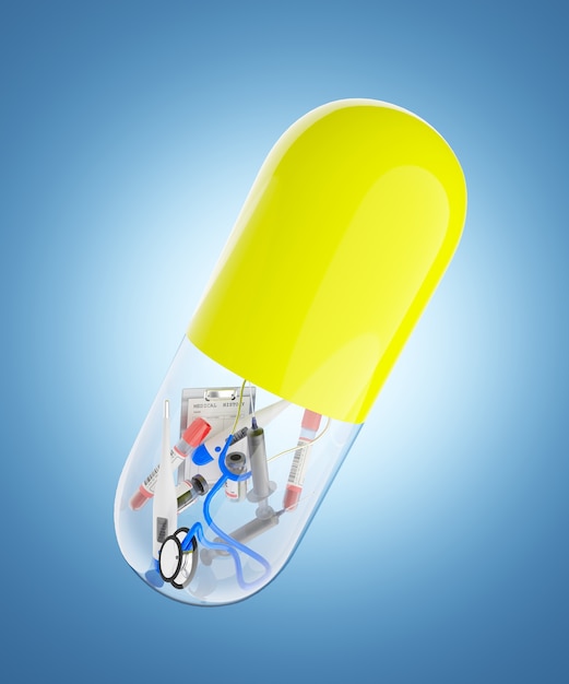 The medical device is packaged in a yellow and clear antibiotic capsule. 3D rendering illustration.