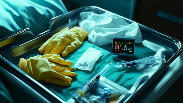 a medical device with gloves and a syringe on it