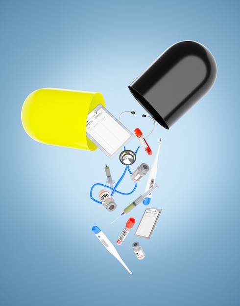 Medical devices falling out of the capsules 3D rendering illustration