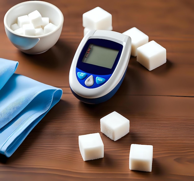 Photo medical diabetic supplies and white sugar cube on table top