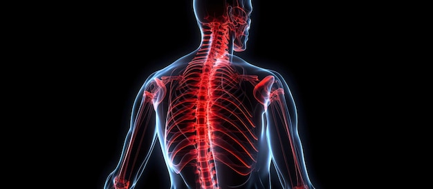 Medical diagram spine human with place to text copy space on black background generative ai