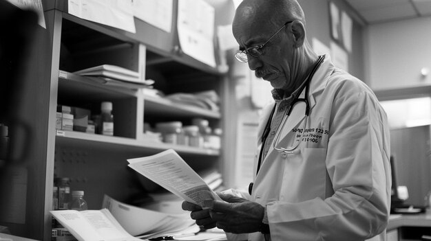 a medical doctor reviewing patient records with meticulous attention to detail