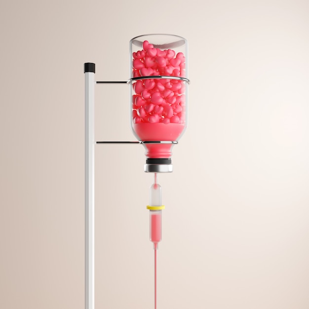 Medical dropper with a solution in the form of pink hearts on an isolated background.