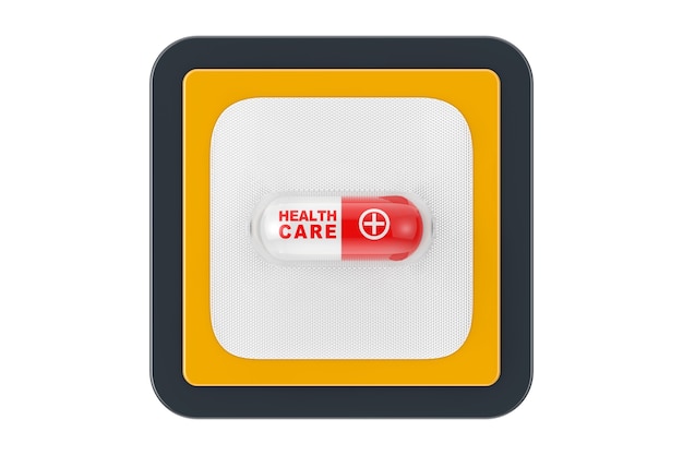 Medical Drug Capsule Pill with Health Care Sign in Blister as Touchpoint Web Icon Button on a white background. 3d Rendering