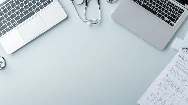 Photo medical equipment on doctors desk with stethoscope and laptops image