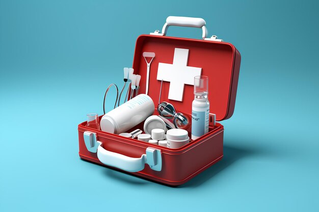 Photo medical equipment first aid kit 3d cartoon style medical concept generative ai