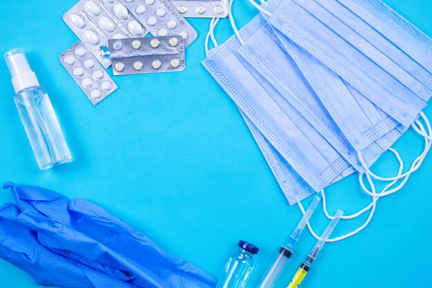 Medical Equipment Foundation. Tablets, mask, accessories. selective focus.