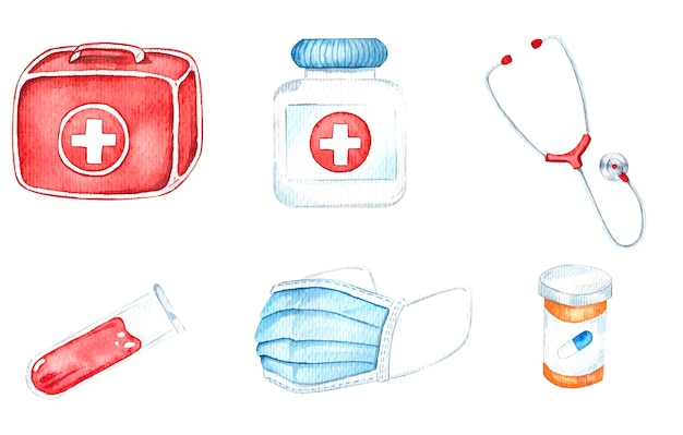 Medical equipment, watercolor illustrations with First aid kit, pulse, medical mask, stethoscope, tablets.