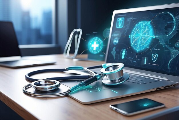 Medical examination diagnostic Stethoscope and icon medical network connection with modern virtual screen interface medical technology network concept On blurred background Realistic 3D Vector