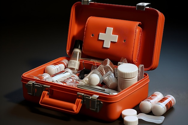 Medical first aid kit stocked with various medicines and pills Generative Ai