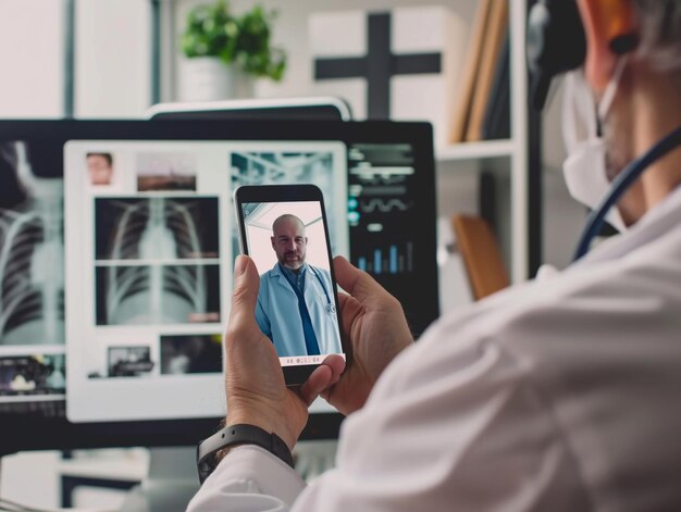 Photo medical healthcare telemedicine doctor holding smart phone texting message video calling for online telemedicine consultation