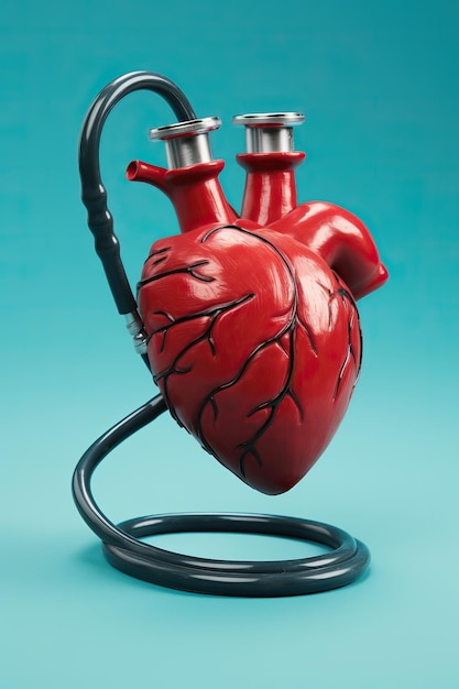 a medical heart on a stethoscope on a blue background in the style of light red and light gray