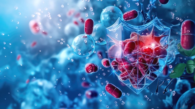 Medical illustration depicting capsules cells and a protective shield representing immune defense and pharmaceutical science in a blue background