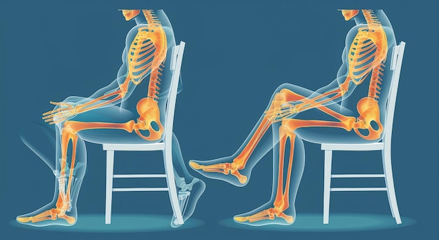 Photo medical illustration of human skeleton sitting on a chair demonstrating different postures