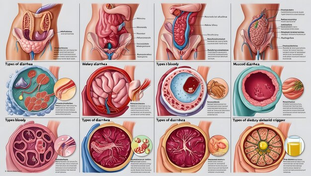 Photo medical illustrations of diarrhea types causes and anatomical changes