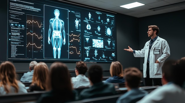 Photo medical instructor teaching anatomy with xray images in a classroom