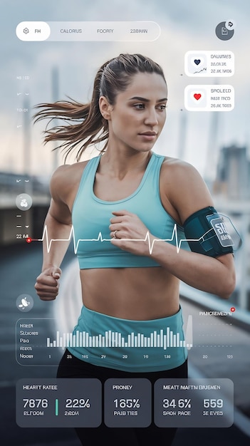 Photo medical interface mockup displaying real time heart rate blood pressure distance pace calories