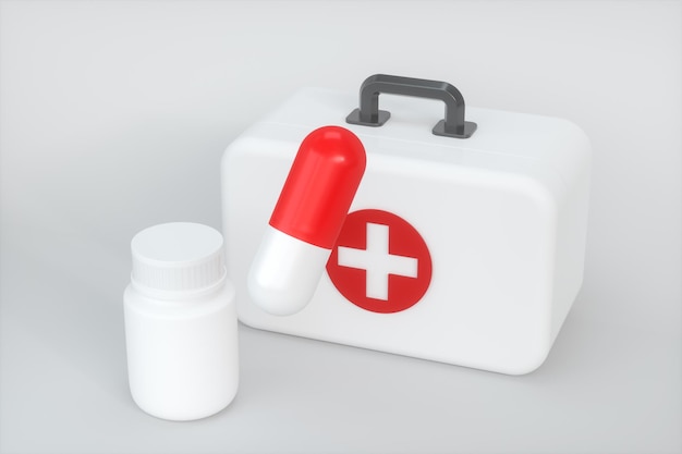 Medical kit and emergency medical equipment with white background3d rendering