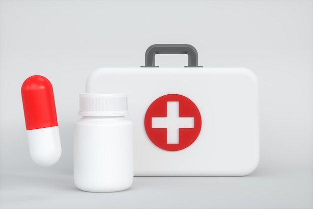 Medical kit and emergency medical equipment with white background3d rendering