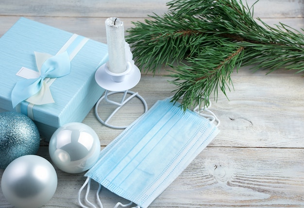 Medical masks on a Christmas background