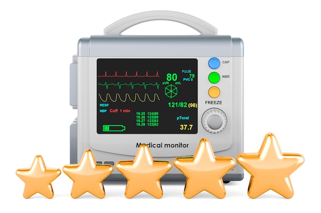 Medical monitor with five golden stars 3D rendering