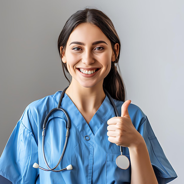 Medical nurse in blue scrubs show thumbsup assure or guarantee best quality of service in clinic