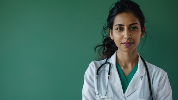 Photo in a medical office a female doctor confidently stands wearing a stethoscope showcasing her expertise in healthcare