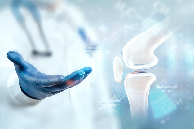 Medical poster image of the bones of the knee, the joint in the knee. Arthritis, inflammation, fracture, cartilage,. Copy space