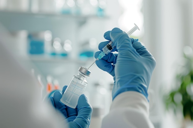 Medical Precision CloseUp of Doctors Hands Holding Syringe with Liquid