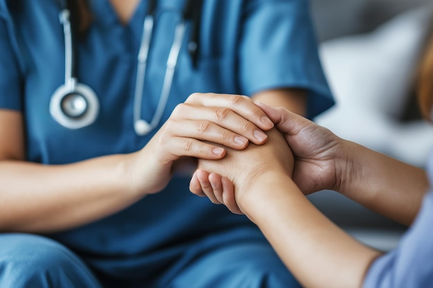 Photo medical professional in blue scrubs engages in comforting conversation with seated individual