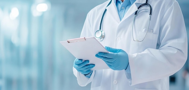 Medical professional holding clipboard in clinical setting focused and attentive