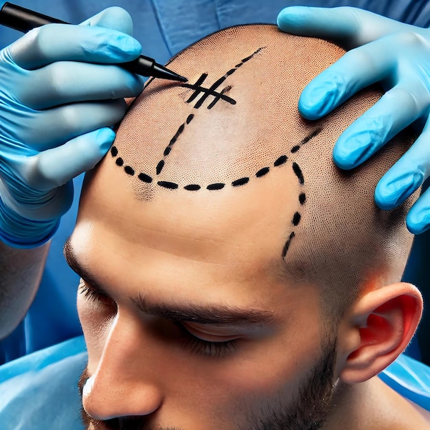 Medical professional marking patients scalp for hair transplant