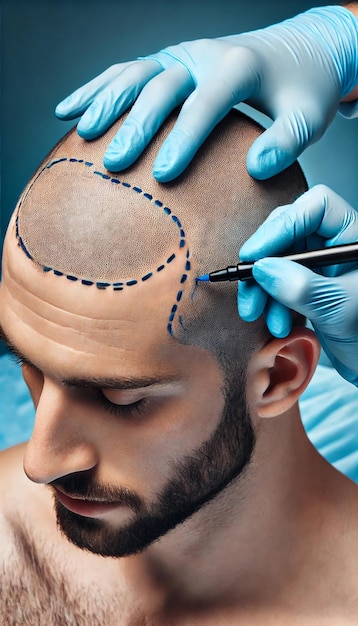 Medical professional marking patients scalp for hair transplant