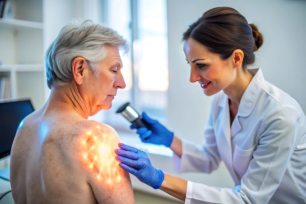 Medical professional performing skin scan for melanoma detection