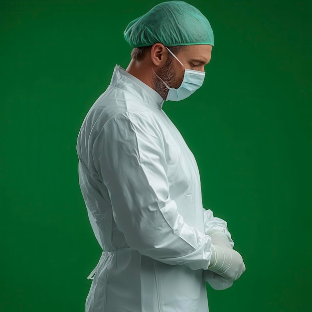 A medical professional in scrubs and a mask stands with his head bowed