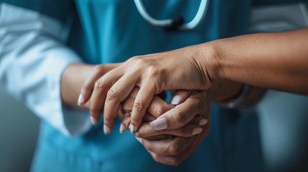 Photo medical professional touching patients hand closeup image