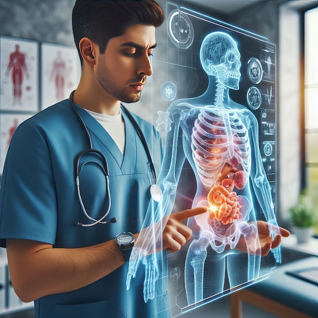 Photo a medical professional using a holographic interface to examine a patients 3d anatomy