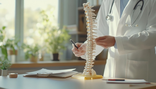 Medical Professional Using Spine Skeleton Model to Explain Anatomy and Health in a Clinical Setting