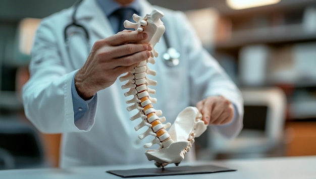 Medical Professional Using Spine Skeleton Model to Explain Anatomy and Health in a Clinical Setting