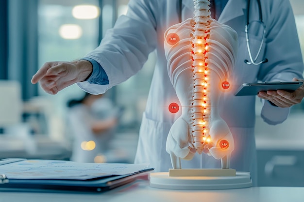 Photo medical professional using spine skeleton model to explain anatomy and health in a clinical setting