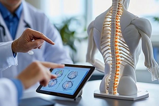 Medical Professional Using Spine Skeleton Model to Explain Anatomy and Health in a Clinical Setting