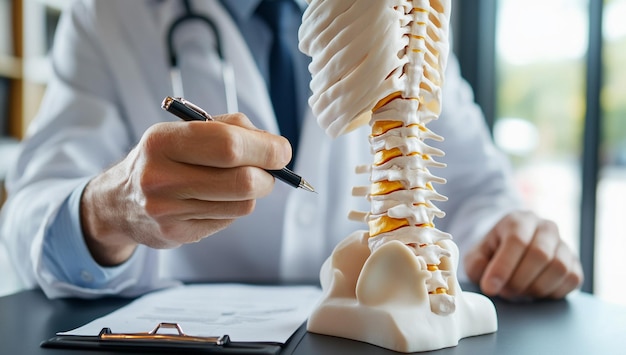 Medical Professional Using Spine Skeleton Model to Explain Anatomy and Health in a Clinical Setting