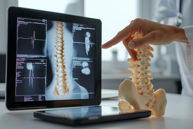 Photo medical professional using spine skeleton model to explain anatomy and health in a clinical setting