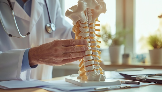 Medical Professional Using Spine Skeleton Model to Explain Anatomy and Health in a Clinical Setting