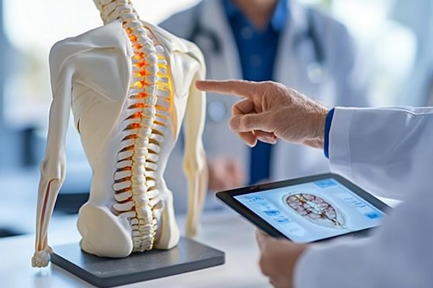 Medical Professional Using Spine Skeleton Model to Explain Anatomy and Health in a Clinical Setting