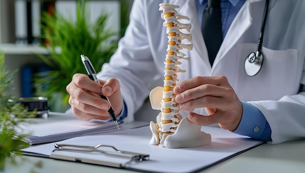 Medical Professional Using Spine Skeleton Model to Explain Anatomy and Health in a Clinical Setting